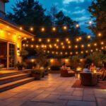 A photograph of a beautifully illuminated outdoor patio scene at dusk