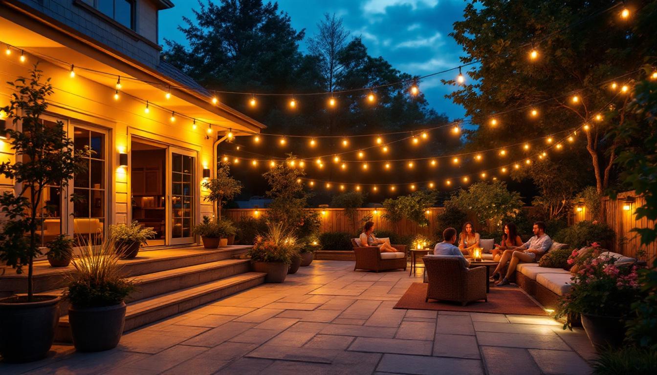 A photograph of a beautifully illuminated outdoor patio scene at dusk