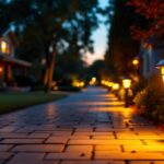 A photograph of a beautifully illuminated driveway at dusk