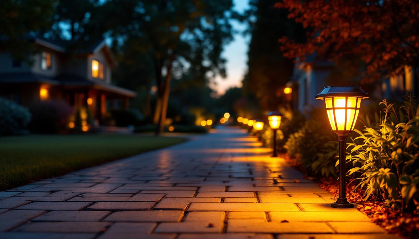 A photograph of a beautifully illuminated driveway at dusk