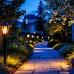 A photograph of a beautifully illuminated outdoor pathway featuring harbor breeze pathway lights