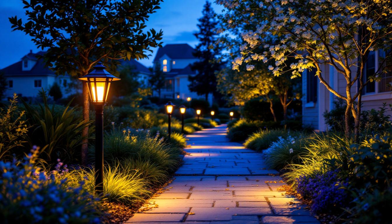 A photograph of a beautifully illuminated outdoor pathway featuring harbor breeze pathway lights
