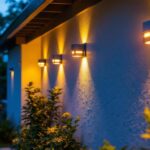 A photograph of a well-lit outdoor space featuring various styles of solar sconce lights installed on walls or fences