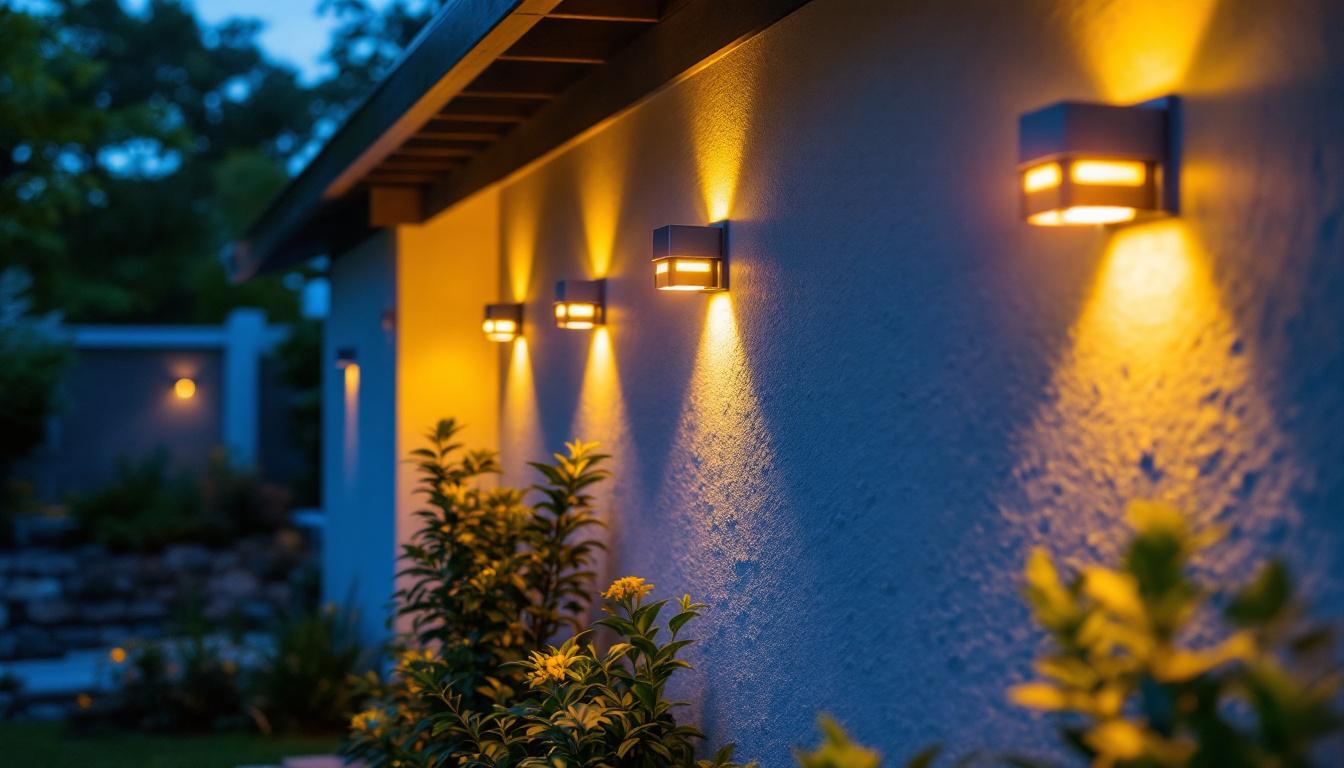 A photograph of a well-lit outdoor space featuring various styles of solar sconce lights installed on walls or fences