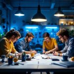 A photograph of a well-lit workspace showcasing a team collaborating on a lighting project