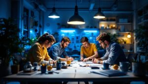 A photograph of a well-lit workspace showcasing a team collaborating on a lighting project