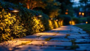 A photograph of a beautifully lit outdoor space featuring solar-powered lights illuminating a pathway or garden
