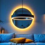 A photograph of a stylish circle hanging lamp in a modern interior setting
