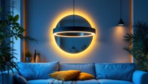 A photograph of a stylish circle hanging lamp in a modern interior setting