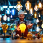 A photograph of a lighting contractor examining a variety of decorative light bulbs in a well-lit workspace
