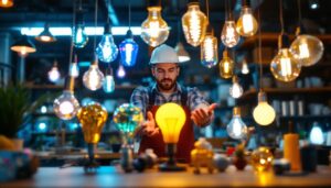 A photograph of a lighting contractor examining a variety of decorative light bulbs in a well-lit workspace