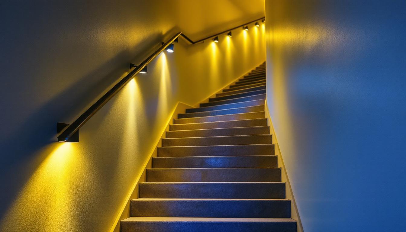 A photograph of a well-lit basement stairway