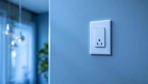 A photograph of a lighting contractor installing a light switch with an integrated receptacle in a residential setting
