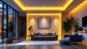 A photograph of a well-lit interior space showcasing 3-inch led pot lights installed in a modern ceiling