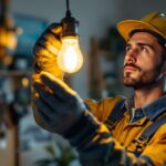 A photograph of a lighting contractor installing a type g 25-watt lamp bulb in a residential or commercial setting