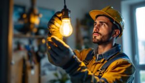 A photograph of a lighting contractor installing a type g 25-watt lamp bulb in a residential or commercial setting