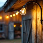 A photograph of a stylishly designed 24-inch gooseneck barn light installed in a rustic outdoor setting