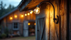 A photograph of a stylishly designed 24-inch gooseneck barn light installed in a rustic outdoor setting