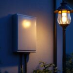 A photograph of a well-installed outdoor electrical box next to an aesthetically pleasing outdoor light fixture