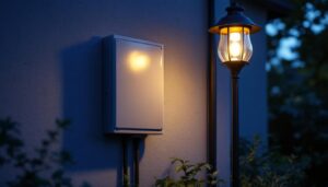 A photograph of a well-installed outdoor electrical box next to an aesthetically pleasing outdoor light fixture