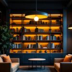 A photograph of a modern library light fixture installed in a cozy reading nook