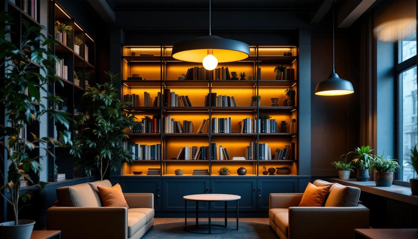 A photograph of a modern library light fixture installed in a cozy reading nook