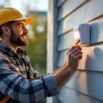 A photograph of a lighting contractor installing an outdoor motion detector light switch in a residential setting