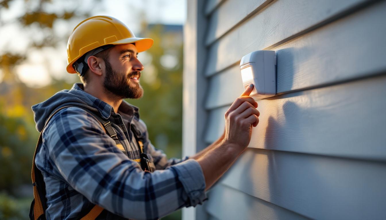 A photograph of a lighting contractor installing an outdoor motion detector light switch in a residential setting