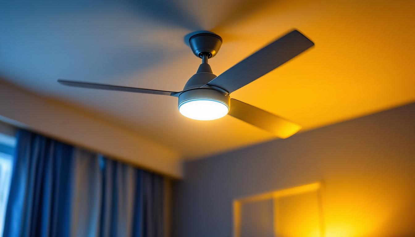 A photograph of a stylish ceiling fan with energy-efficient led lights