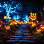 A photograph of a beautifully illuminated pathway lined with halloween-themed solar lights