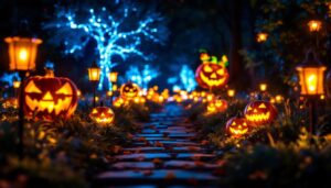 A photograph of a beautifully illuminated pathway lined with halloween-themed solar lights