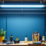 A photograph of a well-lit workspace featuring a modern fluorescent light fixture installed above a contractor's work area