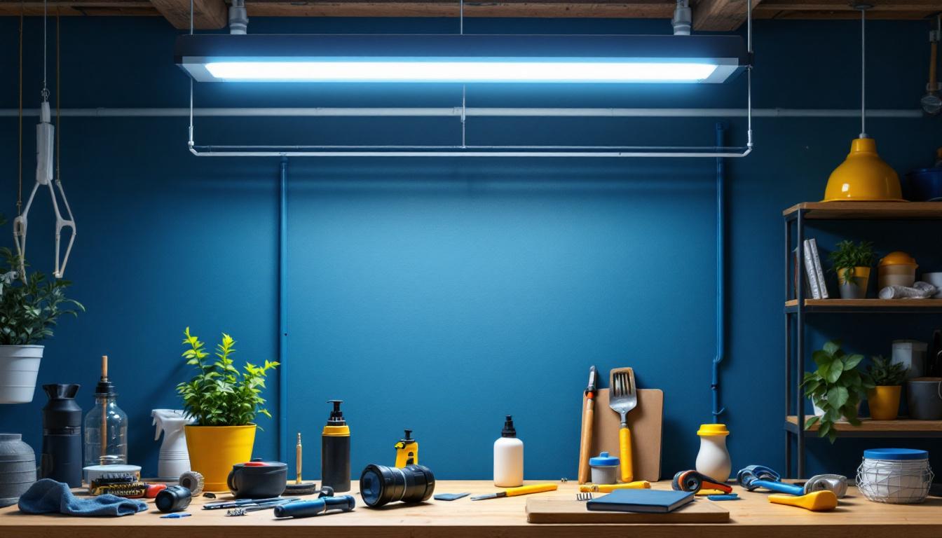 A photograph of a well-lit workspace featuring a modern fluorescent light fixture installed above a contractor's work area