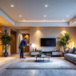 A photograph of a well-lit residential or commercial space showcasing stylish recessed led downlights in various settings