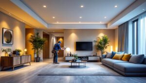 A photograph of a well-lit residential or commercial space showcasing stylish recessed led downlights in various settings
