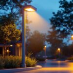 A photograph of a well-lit commercial solar light post installed in an outdoor setting