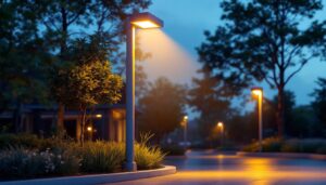 A photograph of a well-lit commercial solar light post installed in an outdoor setting