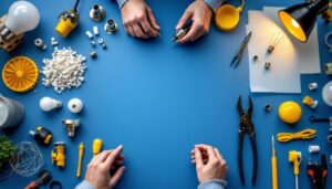 A photograph of a well-organized workspace showcasing an array of replacement parts for various lighting fixtures