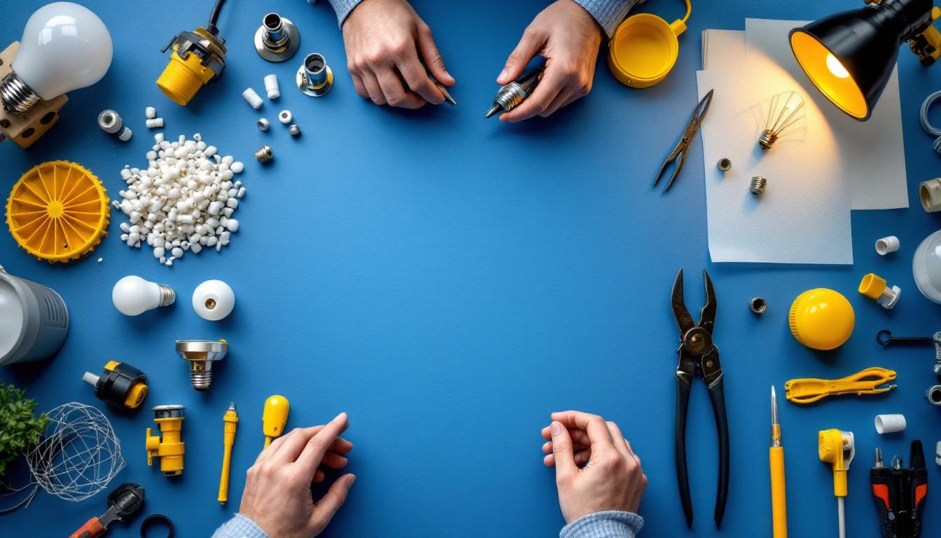A photograph of a well-organized workspace showcasing an array of replacement parts for various lighting fixtures