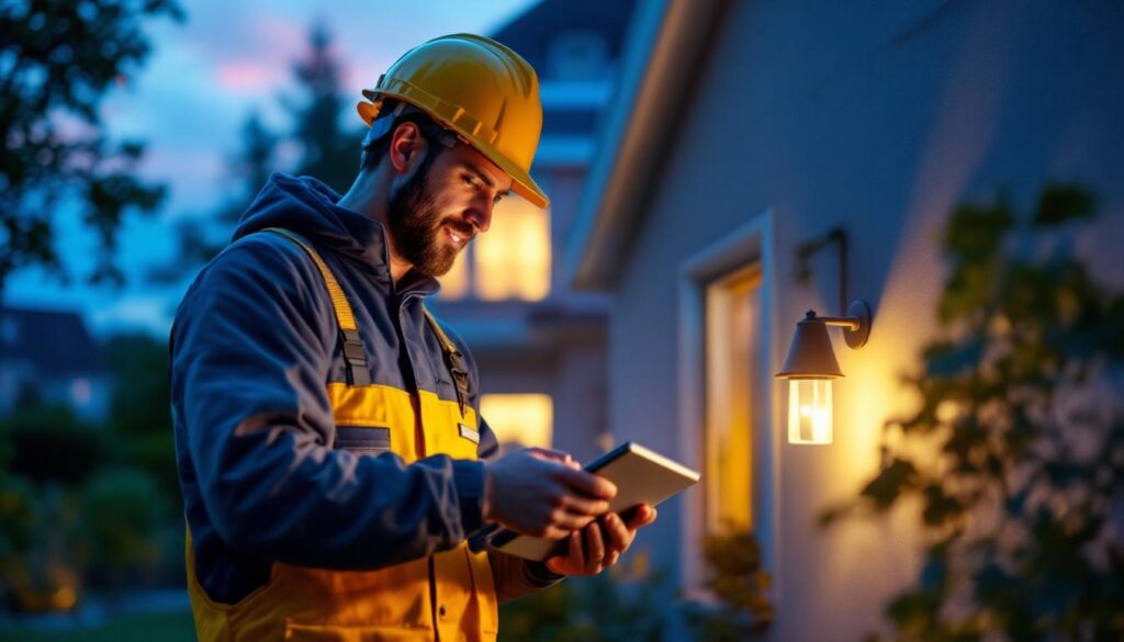 A photograph of a lighting contractor installing solar lights in a residential outdoor setting