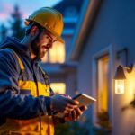 A photograph of a lighting contractor installing solar lights in a residential outdoor setting