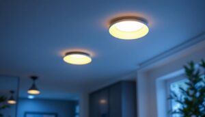 A photograph of a well-lit modern living space showcasing three stylish recessed can lights installed in the ceiling