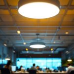 A photograph of an aesthetically pleasing office environment featuring a modern ceiling light fixture