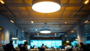 A photograph of an aesthetically pleasing office environment featuring a modern ceiling light fixture