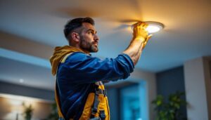 A photograph of a lighting contractor expertly installing recessed led fixtures in a modern home setting