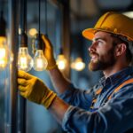 A photograph of a lighting contractor expertly installing led bulbs in a modern