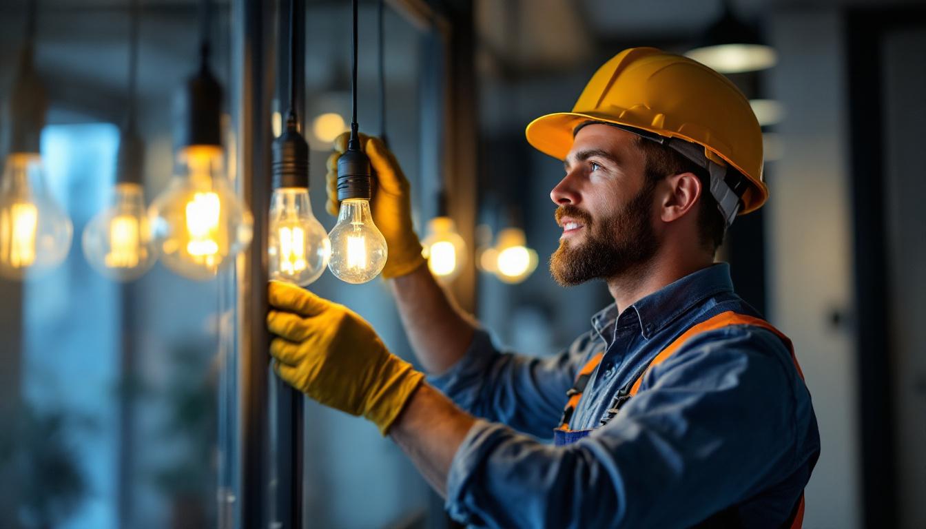 A photograph of a lighting contractor expertly installing led bulbs in a modern