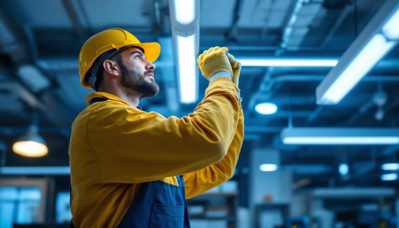 A photograph of a lighting contractor expertly installing t8 lights in a commercial setting