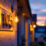 A photograph of a beautifully illuminated house number sign at dusk