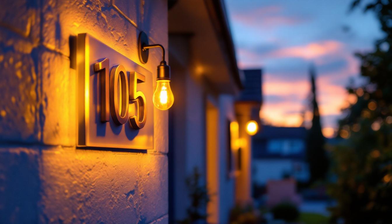 A photograph of a beautifully illuminated house number sign at dusk